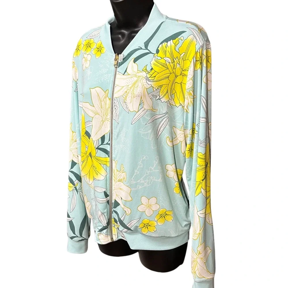 IMAN Track Jacket Women Large Blue Yellow Excellent Floral Grandmacore Retro Zip